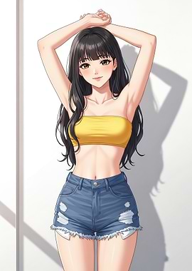 Anime Girl in Yellow Tube Top and Denim Shorts