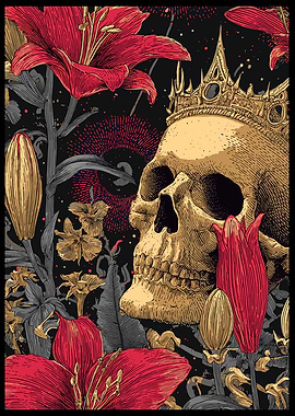 Skull with Crown and Flowers