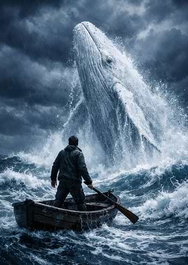 Man in a boat facing a breaching whale