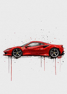 Watercolor Ferrari F8 Tributo Rosso Corsa