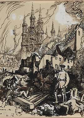 Soldier in a burning city