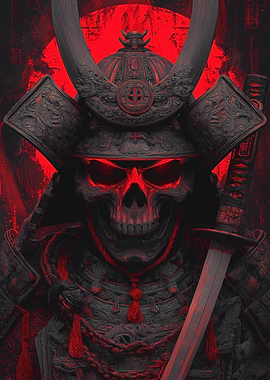 Samurai Skull with Red Moon