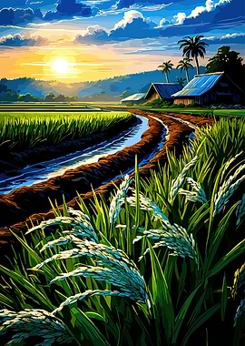 Sunrise over a lush rice paddy