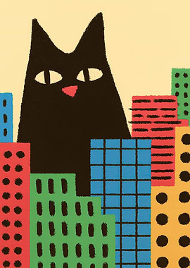 Black Cat Among Colorful City Buildings