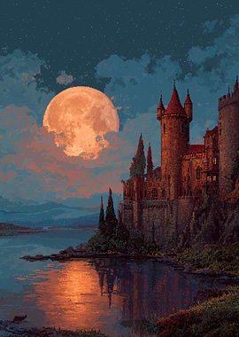 Pixel Art Castle Under a Full Moon