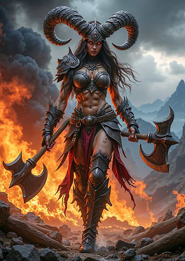 Dark Fantasy Warrior Woman with Axes and Horns