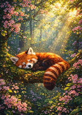 Red Panda Sleeping in Forest