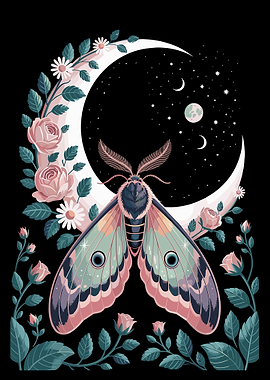 Mystical Moth Moon Poster, Celestial Floral Night Wall Art, Enchanted Nature Illustration
