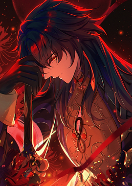 Anime character with sword and red flowers