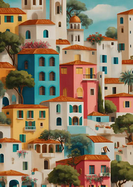 Colorful Mediterranean Village Scene