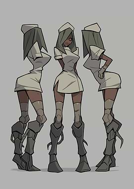 Three stylized nurses with mechanical legs