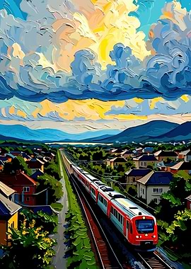 Train passing through a suburban landscape