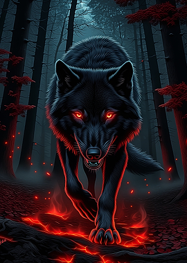 Black Wolf with Glowing Red Eyes