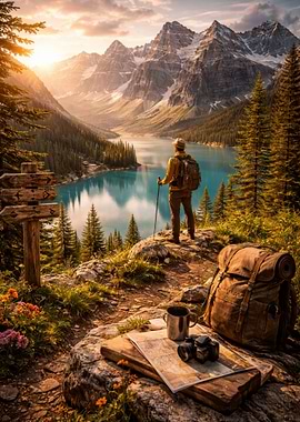 Hiker overlooking a mountain lake