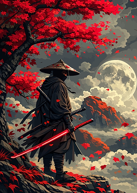 Ninja with glowing sword under maple tree