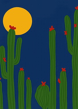 Desert Night with Cacti and Moon