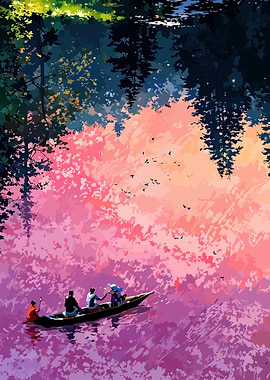 People in a boat on a colorful lake