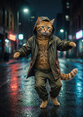 Cat in Raincoat on Wet Street