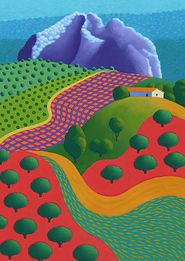 Stylized Rural Landscape with Fields and Mountains