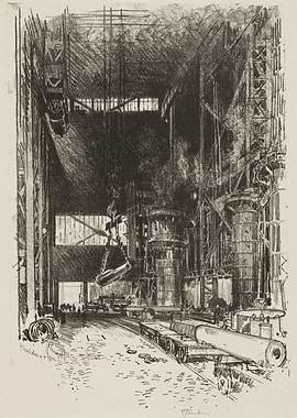 Industrial Factory Interior with Crane and Machinery