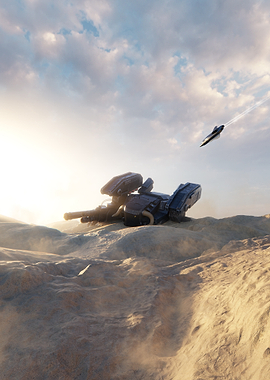 Sci-fi vehicle in desert landscape