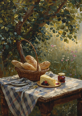 Picnic Basket with Bread, Cheese, and Jam