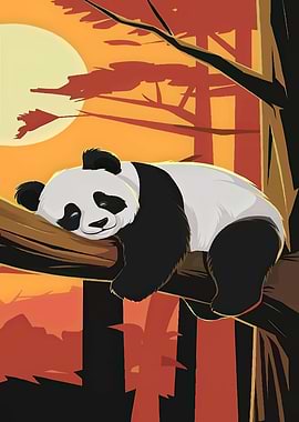 Panda sleeping on a tree branch
