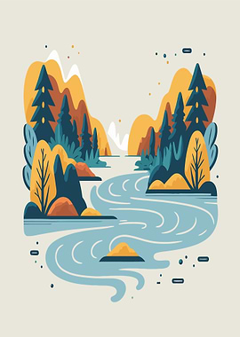 Stylized River Landscape with Mountains and Trees