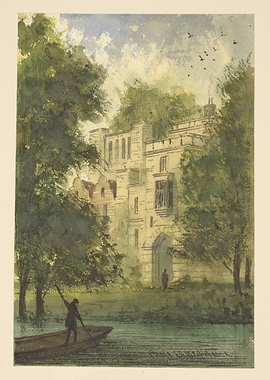 River scene with castle ruins and boat