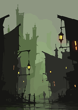 Dark fantasy city street at night