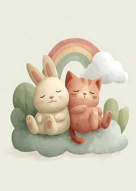 Cute Bunny and Cat Sleeping on Clouds