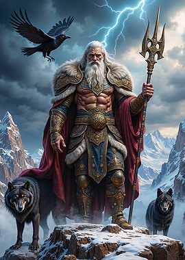 God Odin with Wolves and Raven