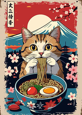 Cat Eating Ramen with Mount Fuji