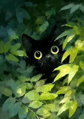 Black Cat Peeking Through Green Leaves