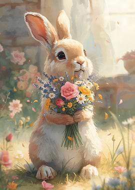 Cute Bunny Holding a Flower Bouquet