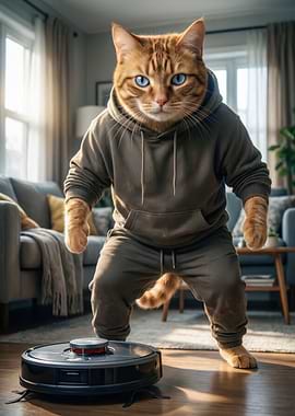 Cat in Hoodie Confronts Robot Vacuum