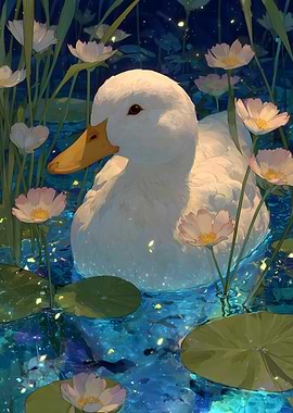White Duck in a Magical Pond