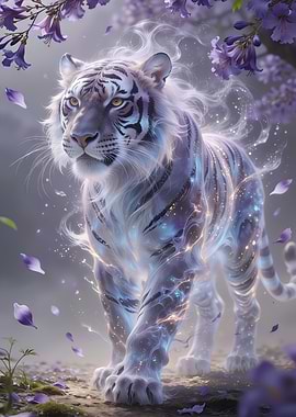 Ethereal White Tiger with Purple Flowers