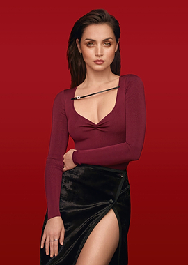 Ana de Armas in Burgundy Top and Black Skirt