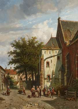 Village Scene with People and Buildings