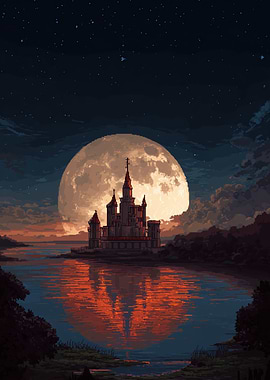 Pixel Art Castle by the Moonlit Lake