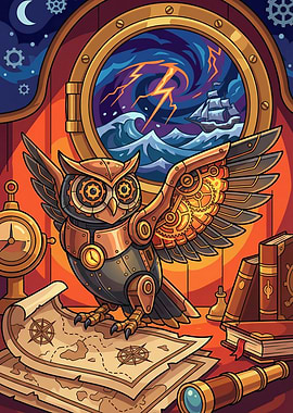 Steampunk Owl with Nautical Map