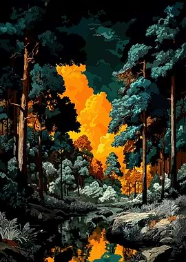 Vibrant Forest Stream at Sunset