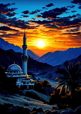 Mosque in Mountain Sunset