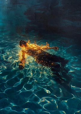 Man on Fire Floating in Water