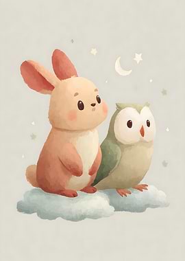 Cute Bunny and Owl on Clouds