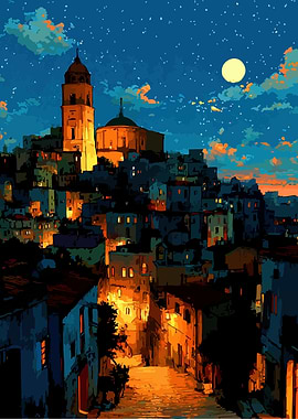 Nighttime European Cityscape with Moon