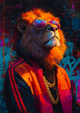 Lion In Sunglasses Wearing Jacket and Gold Chain