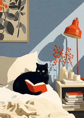 Black Cat Reading a Book on a Bed