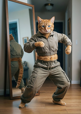 Cat in martial arts pose in front of mirror